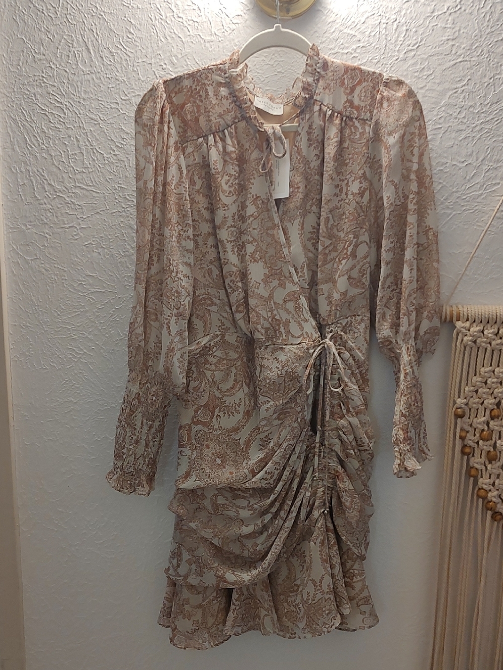 New With Tags Sheer Beige Paisley Wrap Dress with Ruching